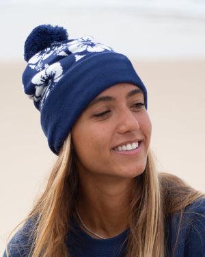 Adult - Beanie - Hibiscus Pom Pom - Navy